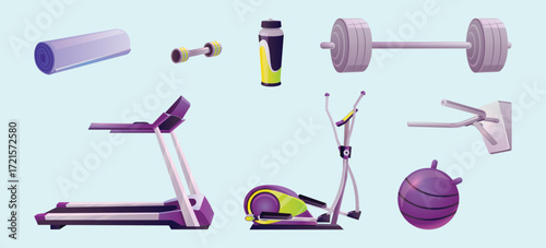 Isolated exercise set for fitness club interior vector illustration