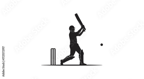 Silhouette of a cricket batsman in action with stumps and ball