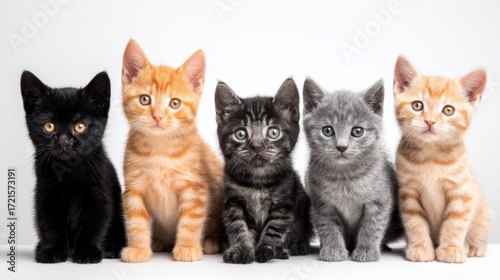 Five adorable kittens of various colors sit in a row against a white background, looking curiously at the camera
