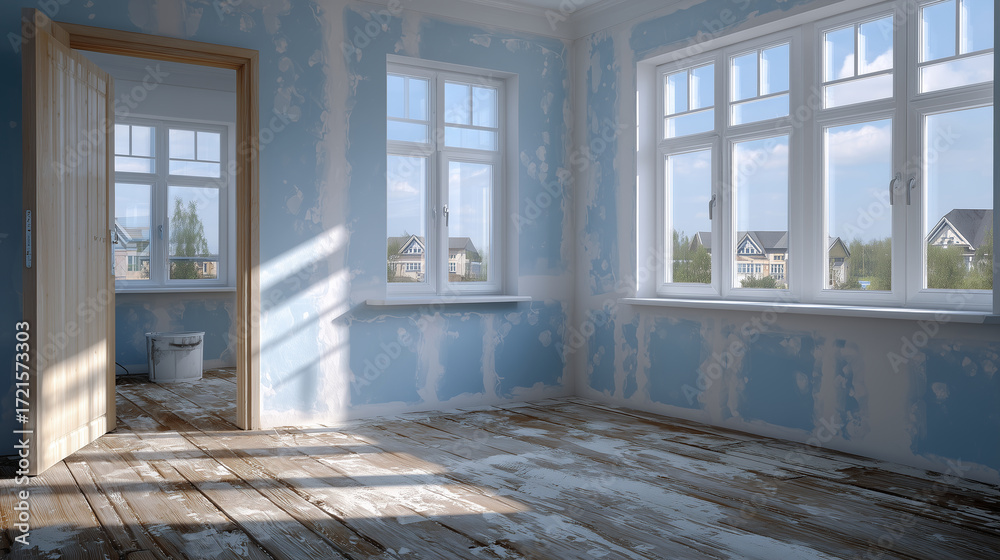 Fototapeta premium Modern empty bedroom interior with fresh drywall walls, texture-free surfaces awaiting paint and decoration