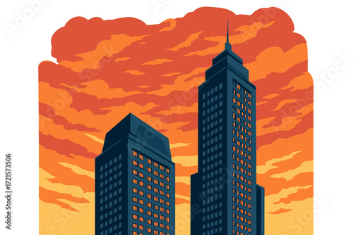 Two contemporary skyscrapers set against a dramatic sunset sky