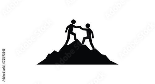 Two figures assisting each other to climb a dark mountain peak