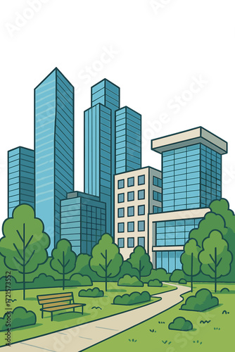 A contemporary cityscape with sleek glass towers, modern architecture, and lush greenery and open outdoor areas