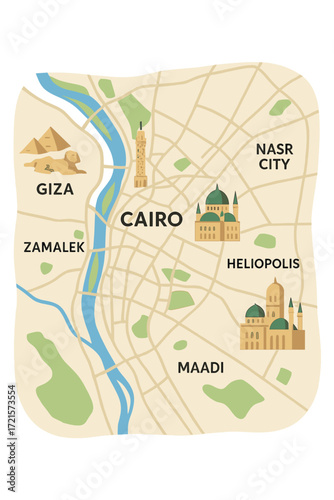 A comprehensive depiction of Cairo and its environs, highlighting key landmarks, streets, and districts, offering a clear visual map of the city's layout