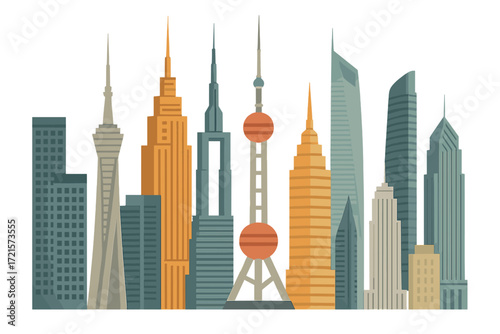 Contemporary cityscape compilation showcasing skyscrapers and landmark towers against a dark backdrop