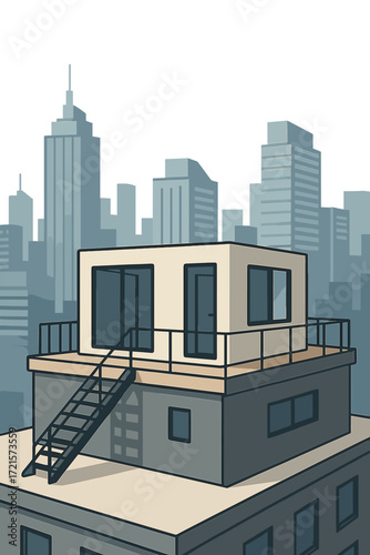 A rooftop modular house in an urban skyline offers a view of skyscrapers, embodying modern design, compact living, and innovative architecture