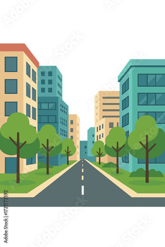 A street view showing modern buildings on both sides, trees along the sides, and a road running through the middle