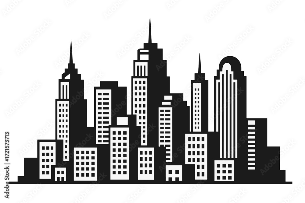 Naklejka premium Illustration of a black-and-white cityscape featuring skyscrapers and urban architectural design