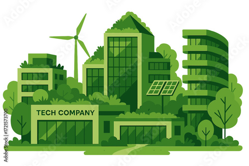 Create a state‑of‑the‑art tech company campus featuring sustainable design and verdant areas, employing a color scheme of environmentally friendly greens