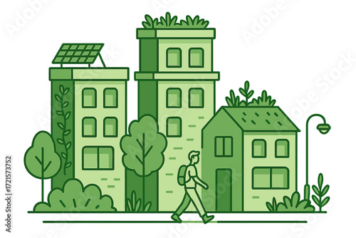Illustration of isolated green buildings fostering walkability and pristine public infrastructure, highlighting sustainable urbanism and eco-friendly architecture,