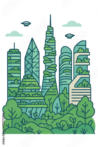 A futuristic cityscape featuring skyscrapers that blend nature, exemplifying sustainable urban development