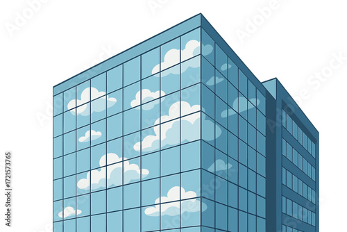 Contemporary building featuring cloud reflections on its glass façade