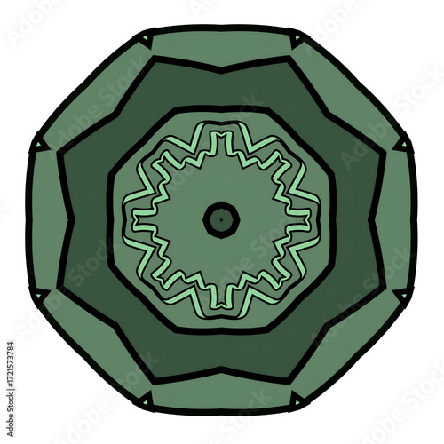 Emerald Pulse mandala design features layered, geometric shapes in soothing shades of green. The darker outlines enhance the structure and outermost layer give the image a subtle sense of motion.