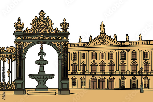 An old hall and a baroque rail located at Stanislas Square in Nancy, Lorraine, France