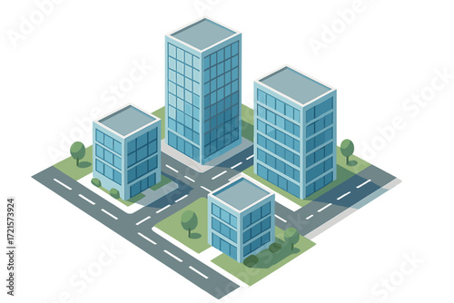 A miniature model of glass buildings and streets in a modern, contemporary style, crafted with a tilt‑shift focus technique