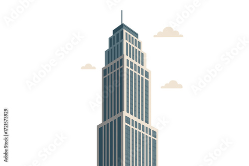 The high‑rise building, a skyscraper soaring against the sky with generous copy space, exemplifies modern architecture, reflecting construction and urbanism