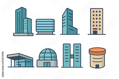 D icon set of modern architectural structures and urban buildings