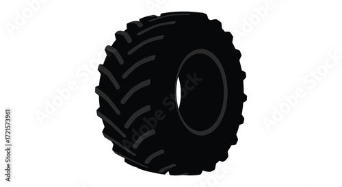 A simple black and white illustration of a large tire with treads