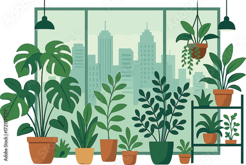 Contemporary indoor urban garden showcasing lush green plants and a city skyline