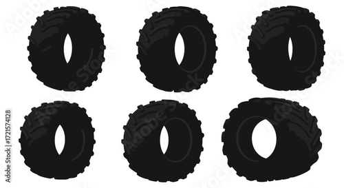 Six black tire silhouettes arranged in a grid pattern simple illustration