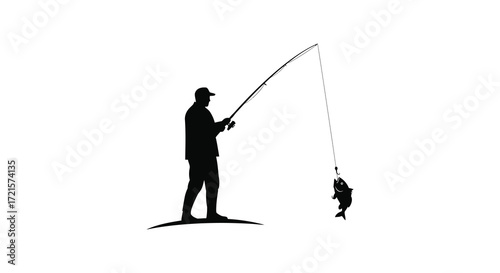 Silhouette of a fisherman casting a line with a caught fish