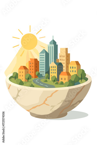 A city tucked inside a marble bowl, bathed in sunlight, reveals a miniature metropolis on the marble surface