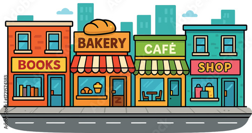 Vibrant cartoon city street featuring shops and comic-style speech bubbles