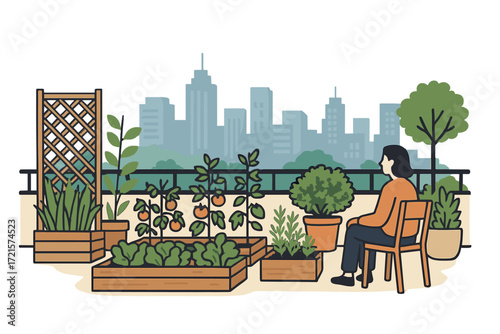 Sustainable rooftop garden with a skyline view, offering a green escape for urban living