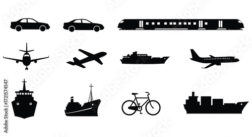 Various forms of transportation illustrated in simple black silhouettes collection