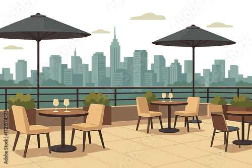 Modern rooftop restaurant featuring an outdoor seating area with city views and an urban landscape