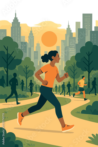 Feel the energy: run at sunrise in city parks, where human traffic flows, and large cities forge the future with relentless drive—life constantly moving, a routine in the park