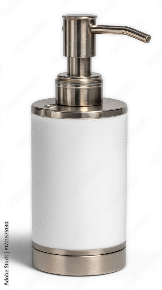 Obraz premium Cylindrical white ceramic soap dispenser with a brushed nickel pump and base. Simple, modern design.