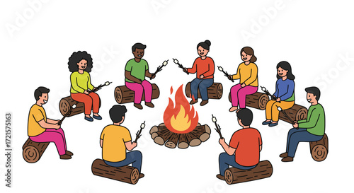 Flat Vector Illustration – Bonfire Party with People Sitting in a Circle, Bold Outlines, White Background, Icon Style