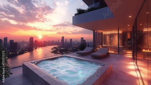 Luxurious sunset view from a modern balcony spa