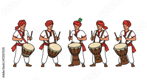 Flat Vector Illustration – Traditional Drummers at Cultural Event, Bold Outlines, White Background, Icon Style