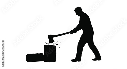 Silhouette of a lumberjack swinging an axe at a wooden log