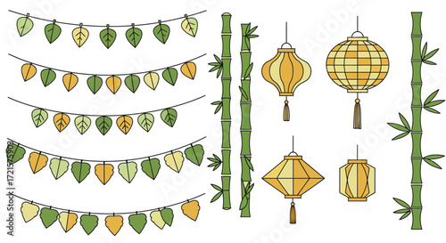 Eco-Friendly Party Decorations – Flat Vector Illustration with Leaves, Bamboo, and Paper, Bold Outlines, Icon Style