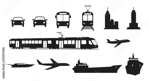 Black silhouettes depicting various modes of transport and urban landmarks