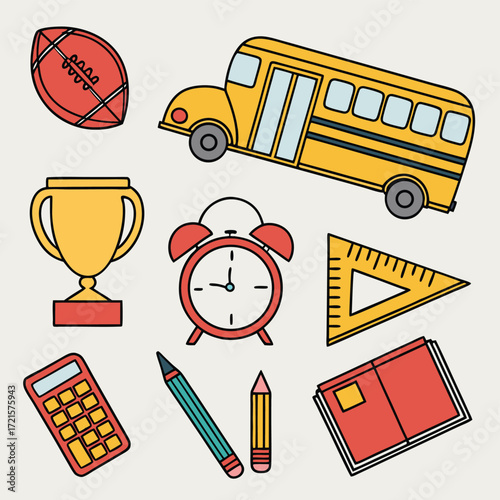 Vector art of collection of school supplies and sports equipment, including a school bus, football, trophy, alarm clock, calculator, pencils, ruler, and book