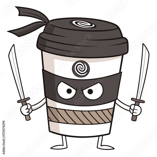 Vector art of a cartoon coffee cup dressed as a ninja, holding two swords, isolated on a