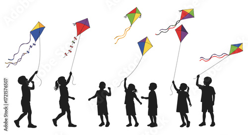Children joyfully flying colorful kites against a clean white background