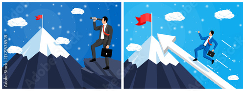 Man looking through telescope at mountain peak. Businessman success climbing top with flag path. Business aim and target concept.
