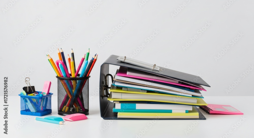 Fototapeta premium Colorful Pencils Notebooks and Binder on White Desk