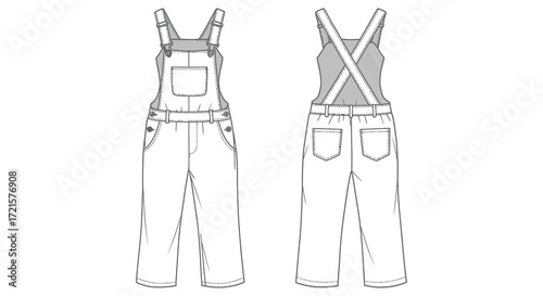 Technical fashion illustration of denim overalls front and back views