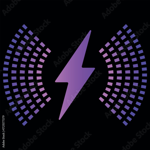Neon pink wireless connection sign, lightning, charge wave lines, isolated black background.