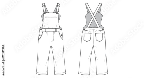 Fashion design sketch of denim overalls front and back view illustration