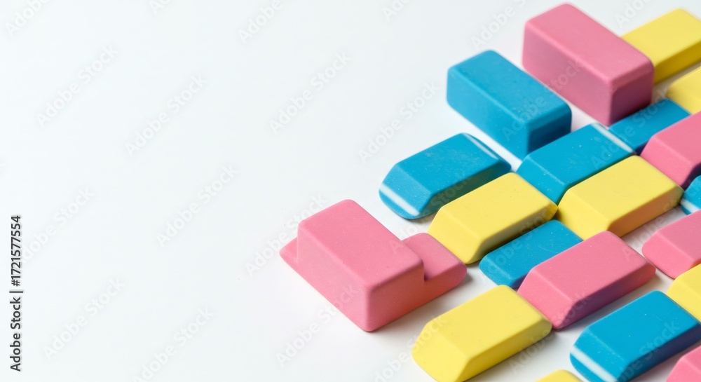 Obraz premium Colorful Rectangular Erasers Arranged on White Background