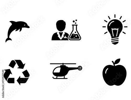 A versatile collection of black solid glyph icons for business, science, technology, ecology and food