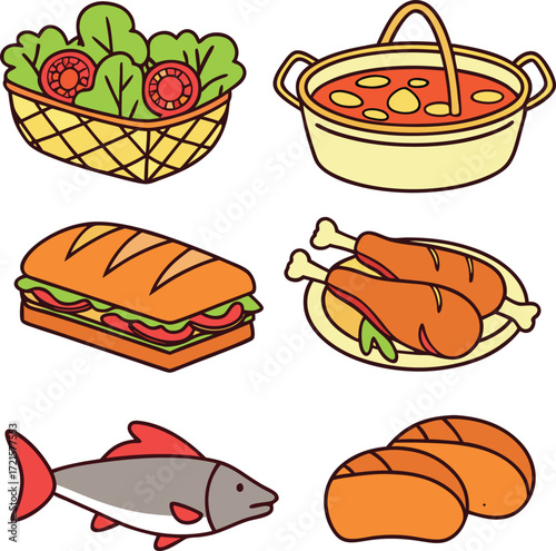 Vector art of collection of food illustrations salad, soup, sandwich, chicken, fish, and bread