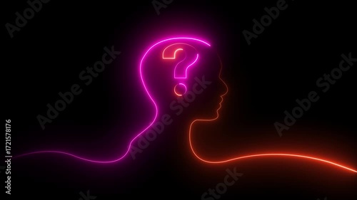 Glowing Neon Human Head with Question Mark Icon on Black Background